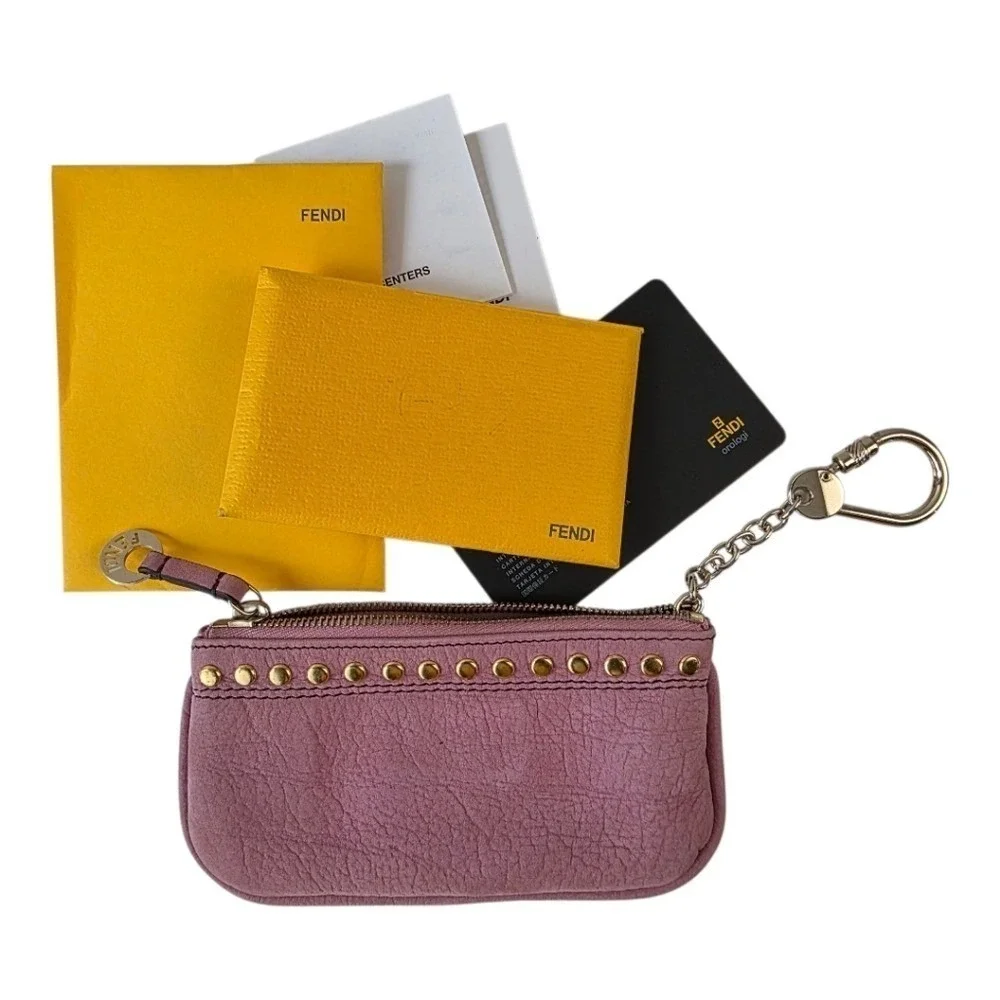 Fendi Coin Purse Pouch OS Pink Excellent Studded Leather Key Cles Gold Hardware